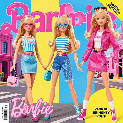Photograph of three Barbie dolls in stylish outfits (striped top, denim shorts, pink jacket) against a colorful urban background, labeled 