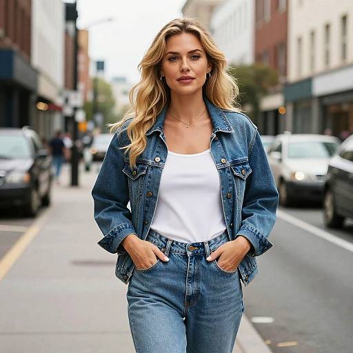 Photograph of a blonde woman with wavy hair, wearing a white tank top, blue denim jacket, and high-waisted jeans, standing confidently