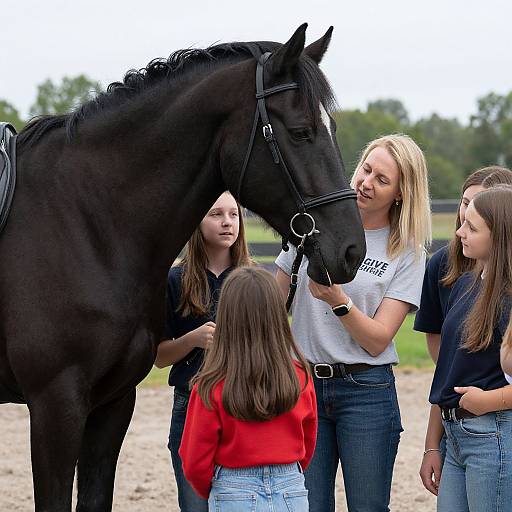 Woman Converses with Students and Horse