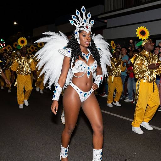 Photograph of a Black woman in a white, blue-sequined, feathered costume, leading a parade with male performers in gold outfits and sun