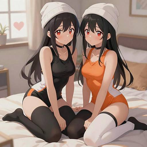 Anime Style Twin Girls in Colorful Outfits Sitting on Bed