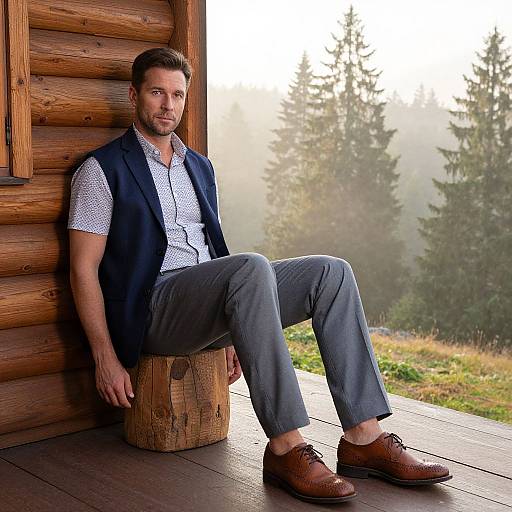 Photograph of a bearded man with short brown hair, wearing a blue vest, white polka-dot shirt, gray pants, and brown loafers