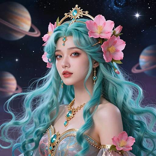 Digital artwork of a fair-skinned, blue-haired princess with pink flower crown, wearing gold and turquoise jewelry, against a cosmic galaxy background.