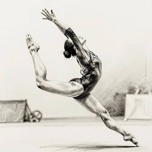 Black-and-white photograph of a female dancer in a leotard and tights, performing an elegant split with arms raised, showcasing flexibility and grace in