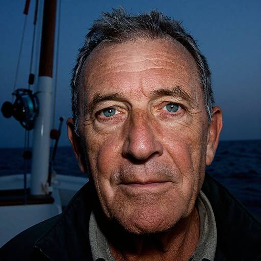 Photograph of a middle-aged man with short gray hair, blue eyes, and weathered skin, wearing a dark jacket, against a twilight ocean background