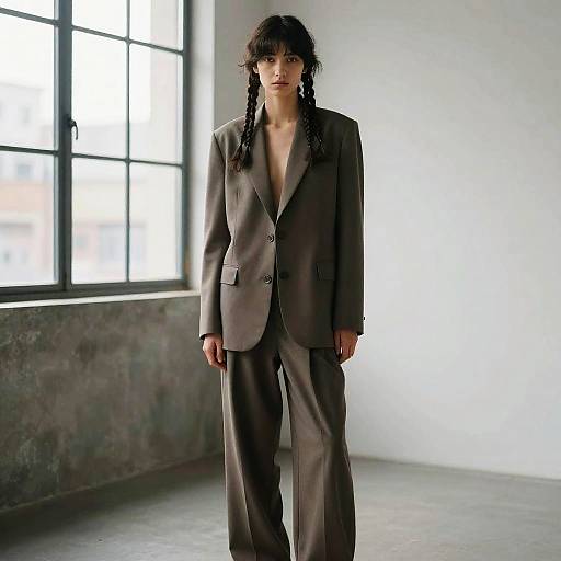 Androgynous Model in Sustainable Couture Blazer and Wide-Leg Trousers