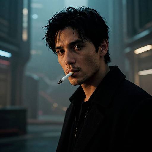 Photograph of a serious, dark-haired man with scruffy beard, wearing a black hoodie, smoking a cigarette in a foggy, blue-lit