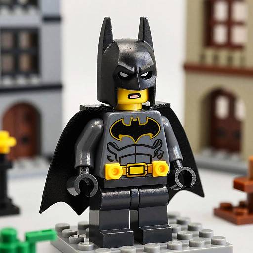 Photograph of a LEGO Batman minifigure with black suit, yellow eyes, and bat emblem, standing on a colorful LEGO cityscape.