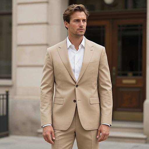 Photograph of a handsome, brown-haired man in a beige suit, white shirt, standing outside a classic stone building with wooden doors.