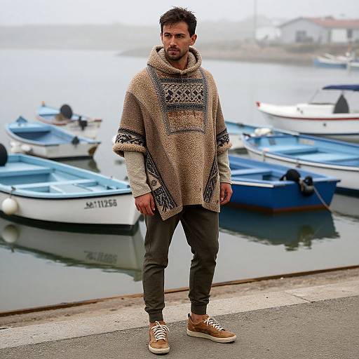 Photograph of a bearded man in a patterned beige sweater, gray pants, and brown sneakers, standing by a foggy waterfront with blue and