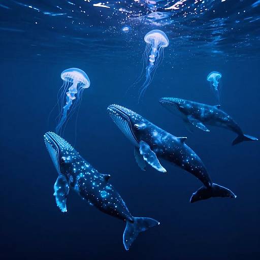 Photograph of glowing blue jellyfish and bioluminescent whale sharks swimming together in a dark, deep ocean, illuminated by underwater light.