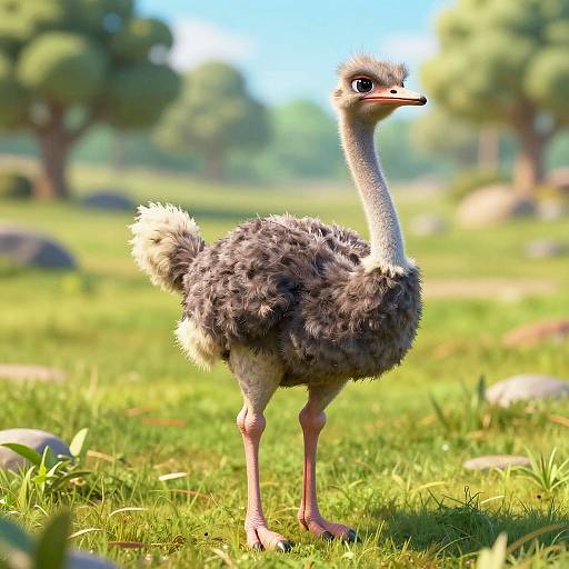 Photorealistic CGI of a fluffy, gray and white ostrich with pink legs standing on bright green grass in a sunny, blurred forest background.