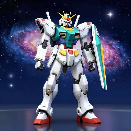 Digital artwork of a white, teal, and yellow mecha robot with red feet and yellow head crest, standing against a starry, cosmic background with
