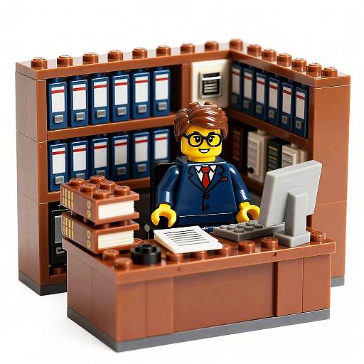 Photograph-style LEGO minifigure of a bespectacled man in a blue suit with red tie, standing at a desk with a computer,