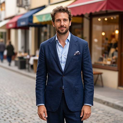 Photograph of a handsome, bearded man in a dark blue suit with a light blue shirt, standing on a cobblestone street with blurred,