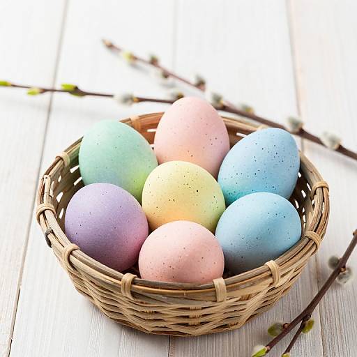 Pastel Easter Eggs in Rustic Basket