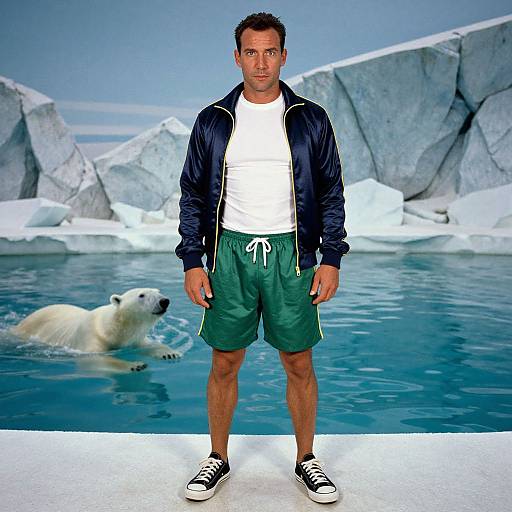 Photograph of a muscular man in a black jacket, white shirt, green shorts, and black sneakers, standing in front of an icy pool with a