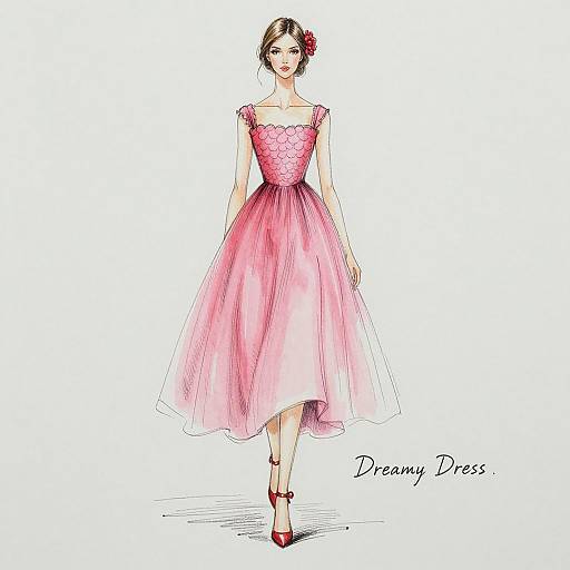 Digital illustration of a stylish woman in a pink, off-shoulder, floral-embellished dress with a full skirt, red heels, and