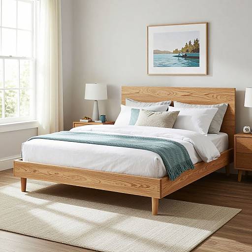 Modern bedroom photograph: wooden bed with white linens, teal blanket, two pillows, nightstands, white lamps, framed landscape painting, natural light,