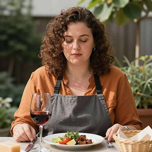 Woman Sitting at Outdoor Table with Food and Wine