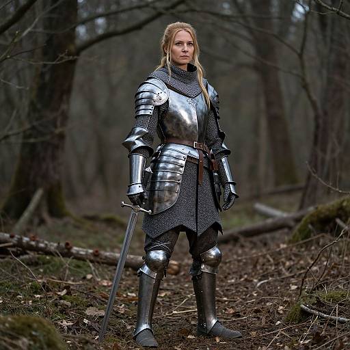 Photograph of a blonde woman in medieval silver armor, standing confidently in a dark, misty forest with bare trees and fallen logs. She holds a