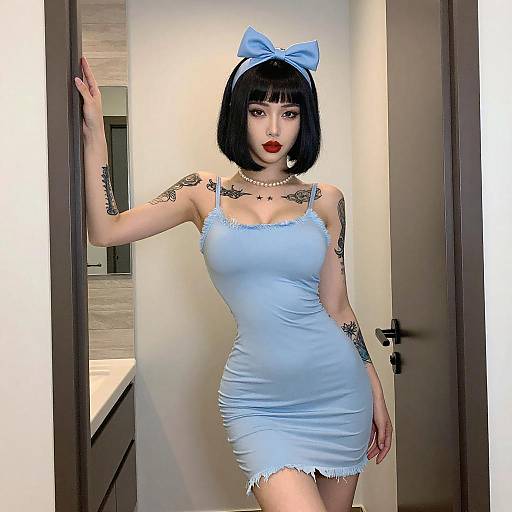 Portrait of Tattooed Woman in Blue Dress