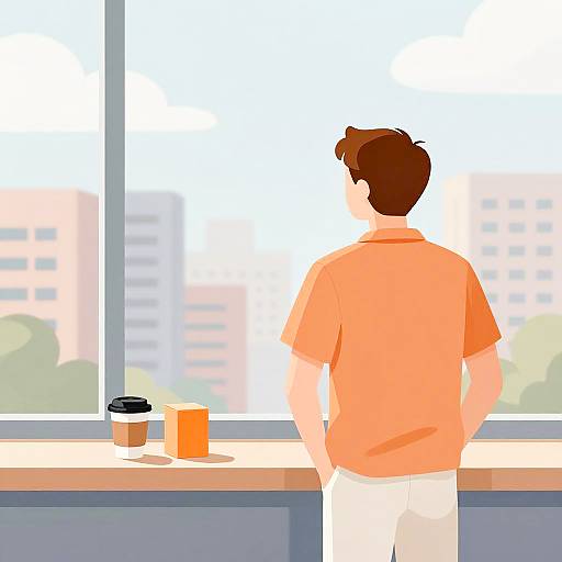 Man Looking Out Window at Cityscape