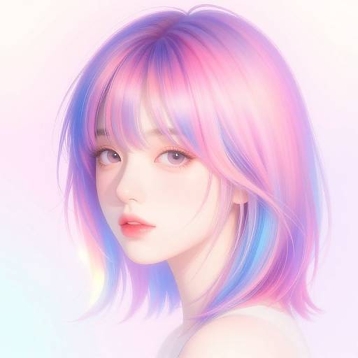 Digital painting of a fair-skinned woman with pastel pink and blue hair, soft pink lips, and delicate eyes, set against a white background.
