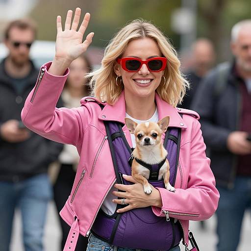 Fashionable Blonde with Chihuahua in Street