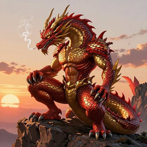 Digital art of a muscular red and gold dragon with sharp claws, sitting on a rocky cliff during a sunset. Smoke curls from its snout, with