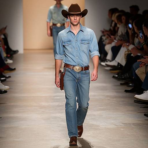 Photograph of a male model walking a runway, wearing a brown cowboy hat, light blue denim shirt, jeans, brown belt, and boots. Background