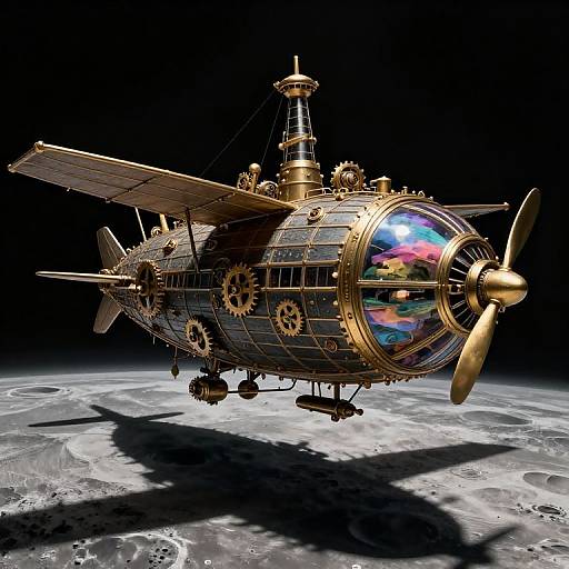 Steampunk-style airship with gears, propeller, and colorful glass dome flying over a moonlit Earth, casting a shadow on the surface.