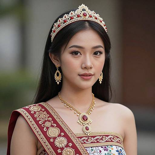 Photograph of an Asian woman with long black hair, wearing an ornate red and gold traditional dress, tiara, earrings, necklace, and matching