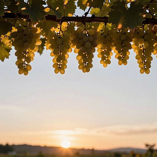 Photograph of golden grape clusters hanging from a vine against a sunset sky, with sunlight filtering through leaves.