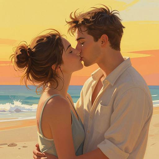 Digital art: Romantic beach sunset kiss between a young couple, he in a white shirt, she in a blue tank top, ocean and sky glowing orange