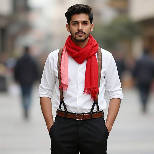 Photograph of a handsome, bearded man with dark hair, wearing a white shirt, black pants, brown suspenders, and a red scarf,