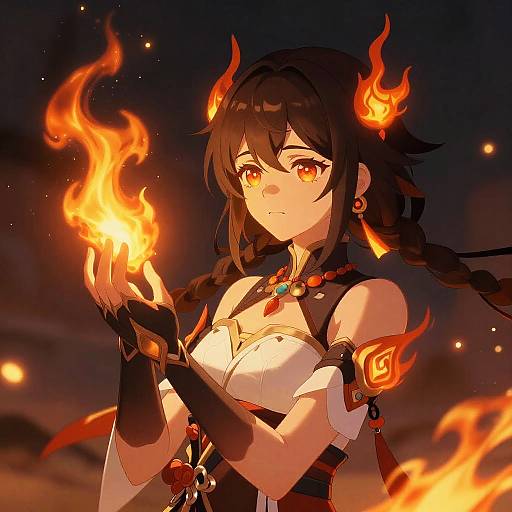 Digital anime artwork of a dark-haired girl with fiery red-orange eyes and small horns, holding glowing flames in her hands, wearing a white and black outfit