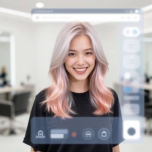 Photograph of a smiling young Asian woman with long, wavy, pastel pink hair, wearing a black shirt, in a brightly lit salon with