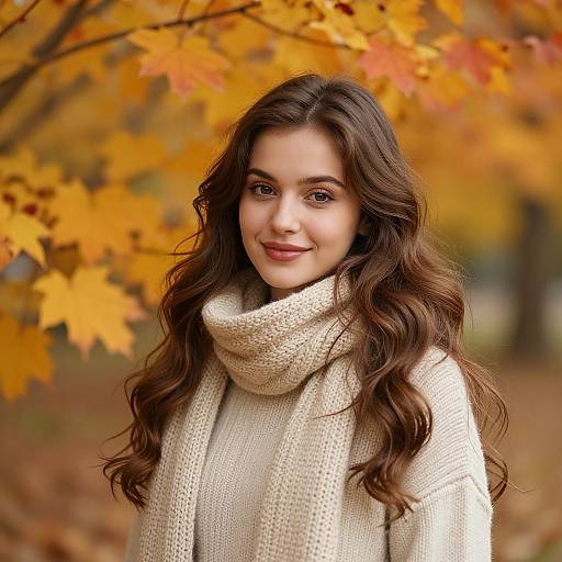 Photograph of a smiling young woman with long, wavy brown hair, wearing a beige knit scarf and sweater, standing amidst vibrant autumn leaves.
