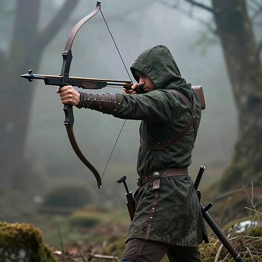 Cloaked Archer in Misty Forest Action