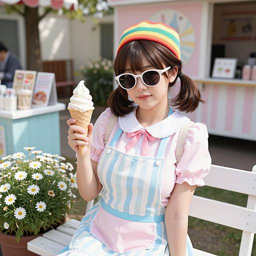 Photograph of an Asian woman with dark hair, rainbow headband, white sunglasses, pink and white striped dress, holding a ice cream cone, sitting
