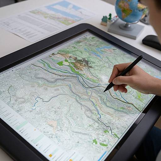 Photograph of a hand drawing on a digital topographic map with a black pen, tabletop with globe, and documents in background.