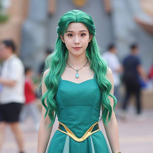 Photograph of a young Asian woman with long, wavy green hair, wearing a green dress with gold trim and a teal necklace, standing in a