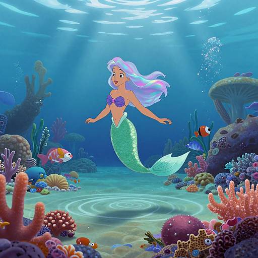 Digital illustration of a smiling, green-scaled mermaid with long, flowing purple hair, swimming in a vibrant, underwater coral reef. Sunlight beams