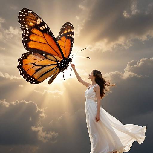 Woman Touching Giant Monarch Butterfly