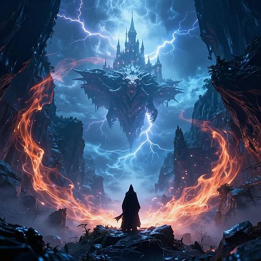Epic fantasy digital artwork: Silhouetted figure stands before a glowing, lightning-illuminated, castle-like structure with fiery red rings and