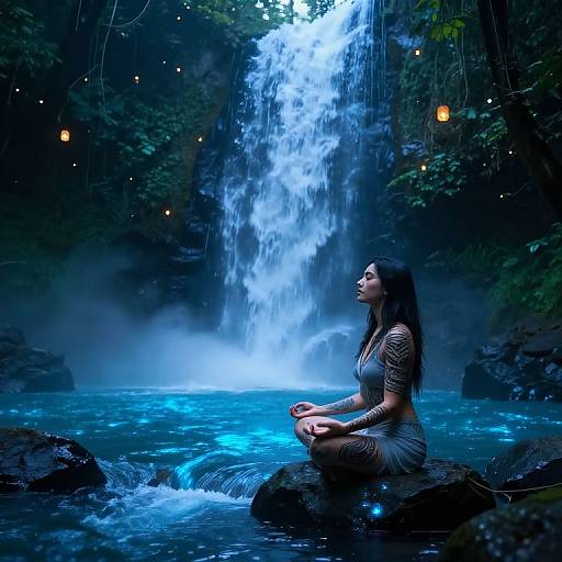 Photograph of a serene woman with long black hair, wearing a striped dress, meditating on a rock in a luminous, misty waterfall forest