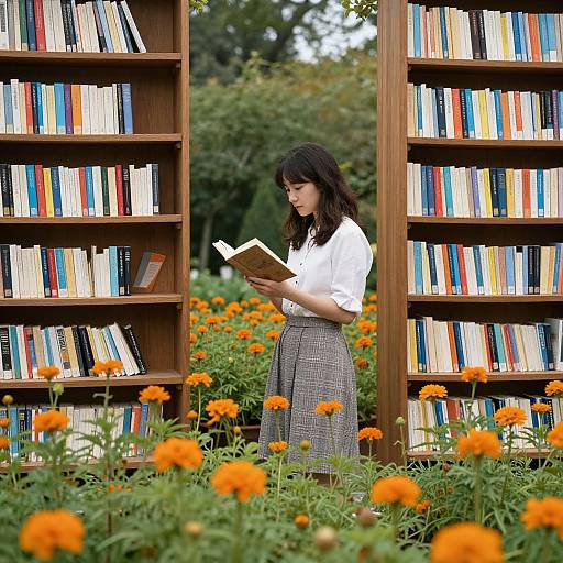 Photograph of an Asian woman with dark hair, wearing a white blouse and gray plaid skirt, reading a book amidst orange marigolds, framed