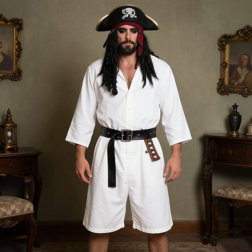 Photograph of a bearded man with long black hair, wearing a pirate hat, white robe, black belt, and red headband, standing in