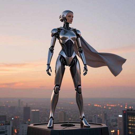 Heroic Android with Flowing Cape on Skyscraper